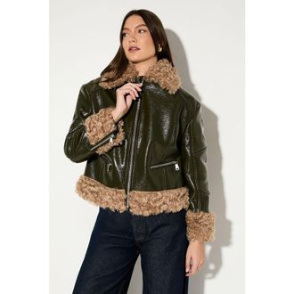 Misspap Premium Faux Fur Collar Aviator Jacket in Olive at Nordstrom, Size 12