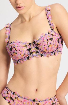 Savage x Fenty Sun Tide Floral Lace Unlined Balconette Bra in Black Caviar at Nordstrom, Size 32Ddd