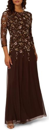 Adrianna Papell Beaded Mesh Gown in Chocolate at Nordstrom, Size 14