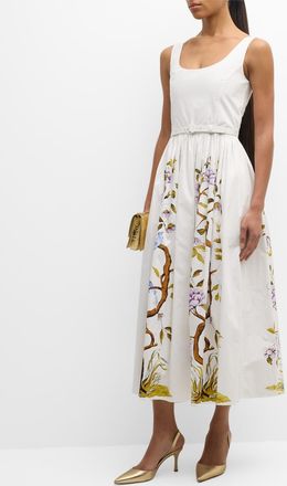 Adam Lippes Scoop-Neck Flower Branch-Print Belted Poplin Midi Dress