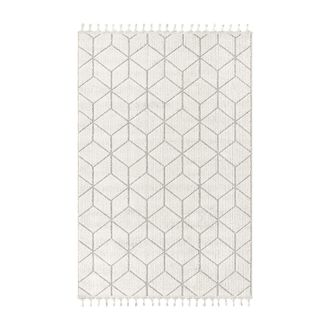 Calicosy Alfombra rectangular cruda con motivos geom&eacute;tricos negros y flecos