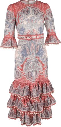 Zimmermann Belted Paisley-Print Midi Tiered Dress in Multicolor Linen