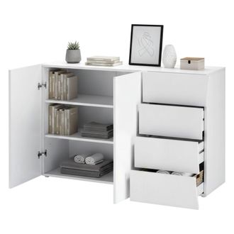 Dmora Dmora - Aparador Dmogno, Aparador De Cocina Con 2 Puertas Y 4 Cajones, Buffet De Sal&oacute;n, 100% Made In Italy, Cm 124x40h82, Blanco Brillo