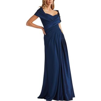 Tadashi Shoji Portrait Collar Satin & Crepe Gown in Navy at Nordstrom, Size X-Small