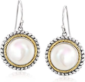 Ross-Simons 10.5-11mm Cultured Pearl Roped-Edge Drop Earrings in Sterling Silver and 14kt Yellow Gold