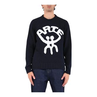 Arte Round-neck Knitwear, male, Blue, Size: 2XL Embroidered Cotton Sweater All Together