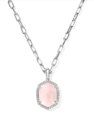 Kendra Scott Womens Daphne Pave Frame Short Pendant Necklace In Silver Rose Quartz