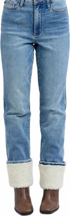 Judy Blue High Waist Shearling Cuff Straight Leg Jeans In Blue