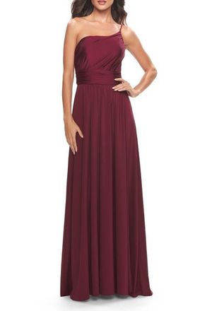 La Femme Chic One Shoulder Long Jersey Gown with Defined Waist in Dark Berry at Nordstrom, Size 14
