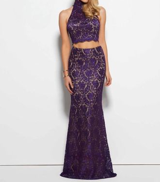 Mac Duggal Lace Two-Piece Halter Neck Gown In Purple