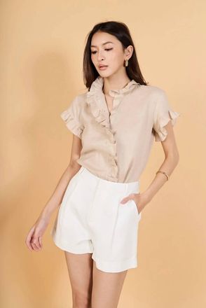 English Factory Short Sleeve Ruffle Shirt In Natural