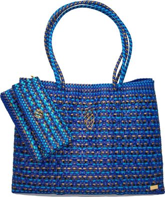Lola's Bag Womens Travel Woven Patterned Tote Bag With Clutch In Blue