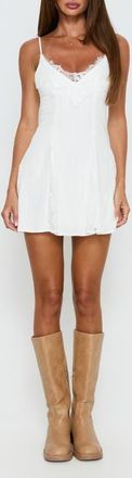 Princess Polly Bloomie Lace Trim Cotton & Linen Minidress in White at Nordstrom, Size 10