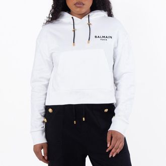 Balmain Cropped Cotton Flock Hoodie, Size Medium