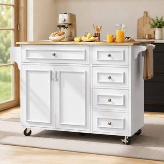 Merax Mobile Kitchen Island Serving Trolley with Foldable Worktop &4 Drawers in White