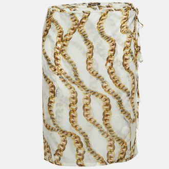 Roberto Cavalli Cream Chain Print Silk Wrap Mini Skirt