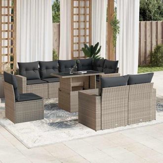 vidaXL Set Muebles Jard&iacute;n 9 Pzas Y Cojines Rat&aacute;n Sint&eacute;tico Gris Claro Vidaxl