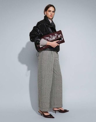 Asos pantaloni barrel sartoriali effetto lana a spina di pesce monocromatica-Nero