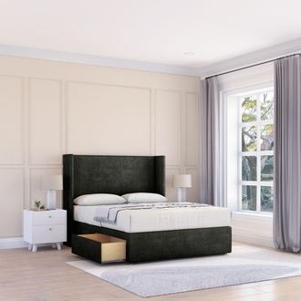 Sloomy Devonshire Dumfries Wingback Bed Set, 2 Drawers & 54 Floor Standing Headboard in Black | Size: Small Double
