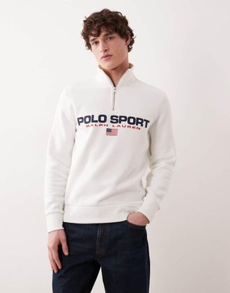 Polo Ralph Lauren Felpa sportiva bianca con logo a bandiera e zip corta-Bianco