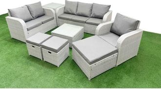 Fimous Patio pe Wicker 9 Seater Outdoor Rattan Furniture Sofa Sets with Square Coffee Table Reclining Chair Loveseat Sofa 3 Seater Sofa Stool Side Table