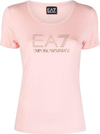 Emporio Armani studded-logo cap-sleeve T-shirt - women - Modal/Cotton/Spandex/Elastane - S - 1418 SILVER PINK