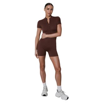 Estro & Luminara Slim Fit Sporty Jumpsuit with Short Sleeves and Shorts - female - Estro - Playsuits - Brown - XL - Jumpsuits & Playsuits