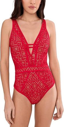 BECCA by Rebecca Virtue Classic Color Play Crochet Plunge One-Piece Womens Swimsuits One Piece Apple : LG, Nylon/Spandex