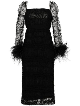 Self Portrait feather-cuffs point desprit midi dress - Black