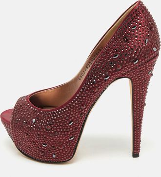 Gina Burgundy Satin Crystal Embellished Peep Toe Platform Pumps
