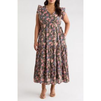 Treasure & Bond Floral Print Flutter Sleeve Maxi Dress in Olive Frou Floral at Nordstrom, Size 2X