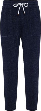 Brunello Cucinelli Navy Cotton Linen Ribbed Jogger Trousers, Size X-Small