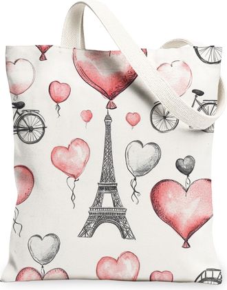 Generic Heart Balloon Canvas Tote Bags, Vintage Paris Design Reusable Grocery Bags, Romantic Floral Lightweight Washable Shoulder Strap Canvas for Shopping Tr