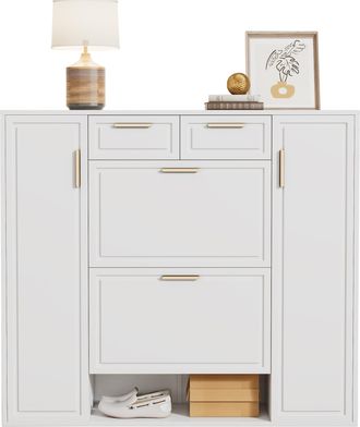 STILVORA Zapatero Con 2 Cajones, 2 Puertas, Estantes Ajustables Y Huecos Abiertos, En Mdf, Blanco, 120&times;24&times;107 Cm