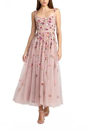 Mac Duggal Sleeveless Hand Beaded Scoop Neck Midi Dress in Vintage Rose Multi at Nordstrom, Size 14