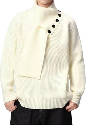 Generic Mens Casual V Neck Pullover Sweaters Ribbed Knit Jumper with Removable Scarf (Beige,XS)