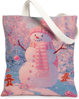 Generic Winter Snow Man Canvas Tote Bags, Cute Holiday Snow Man Pattern Reusable Grocery Bags, Vintage Lightweight Washable Shoulder Strap Canvas for Travel B