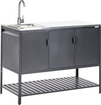 Beliani Armario De Cocina Exterior De Acero 3 Puertas Encimera De Acero Inoxidable Jard&iacute;n Negro Con Fregadero Maenza