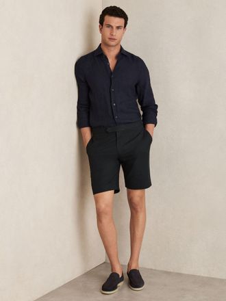 Reiss Navy Cotton-linen Tailored Shorts, 38
