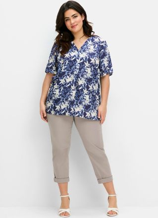 Sheego Longbluse SHEEGO, Damen, Gr. 40, blau (tiefblau, gemustert), 100% Modal, gebl&uuml;mt, gemustert, V-Ausschnitt, Blusen Longbluse