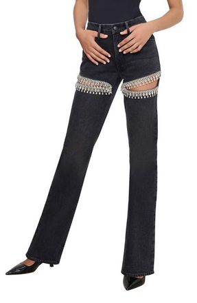 Good American Good Icon Crystal Embellished Cutout Straight Leg Jeans in Black376 at Nordstrom, Size 10