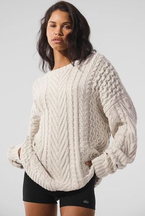 Alo | Cable Knit Crewneck Neck Sweater Top in Bone Beige, Size: Large