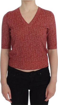 Dolce & Gabbana Kort Gebreide Trui met V-hals - Dames - V-hals truien - Rood - XS - Wol - Truien & Vesten