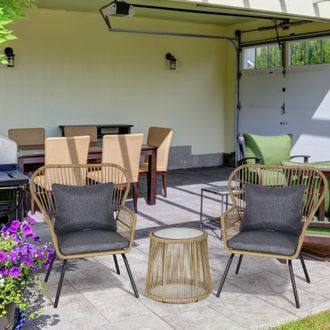 OUTSUNNY 3 Pieces Outdoor Patio Set 2 Chairs 1 Coffee Table Garden Balcony Deck in Brown