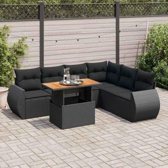 vidaXL Set De Sof&aacute;s De Jard&iacute;n 7 Pzas Con Cojines Rat&aacute;n Sint&eacute;tico Negro Vidaxl