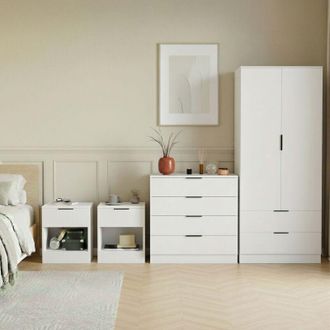 Home Discount Trega 4pc Bedroom Furniture Unit - 2x Bedside, 4 Drawer Chest & 2 Door Wardrobe, White