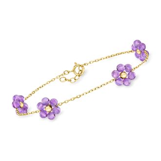 RS Pure by Ross-Simons Amethyst Flower Station Bracelet in 14kt Yellow Gold