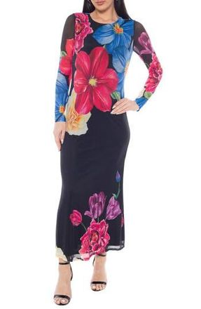 OLEG CASSINI Printed Long Sleeve Mesh Maxi Dress in Blue Multi at Nordstrom Rack, Size Medium
