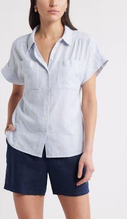 Caslon Linen Blend Short Sleeve Button-Up Shirt in Blue- White Harper Stripe at Nordstrom Rack, Size Xx-Large