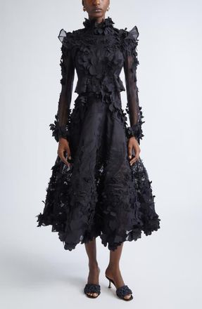 Zimmermann Hypnotic Appliqu&eacute; Long Sleeve Silk Midi Dress in Black at Nordstrom, Size 1